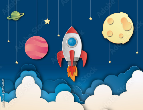 Rocket launch to the Moon. Illustration, planet, stars, paper cut, template with space rocket. Concept business idea, startup, exploration, birthday card, flyers, banners, posters and templates design