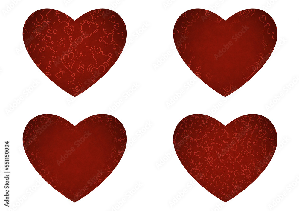 Set of 4 heart shaped valentine's cards. 2 with pattern, 2 with copy space. Deep red background and bright red pattern on it. Cloth texture. Hearts size about 8x7 inch / 21x18 cm (pv01ab) Set of 4 heart shaped valentine's cards. 2 with pattern, 2 with copy space. Deep red background and bright red pattern on it. Cloth texture. Hearts size about 8x7 inch / 21x18 cm (pv01ab)