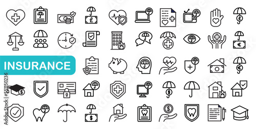 Insurance icons set. Vehicle, health insurance, beneficiary, repair, coffin, glasses and more. Outline icons collection. Lines with editable stroke photo