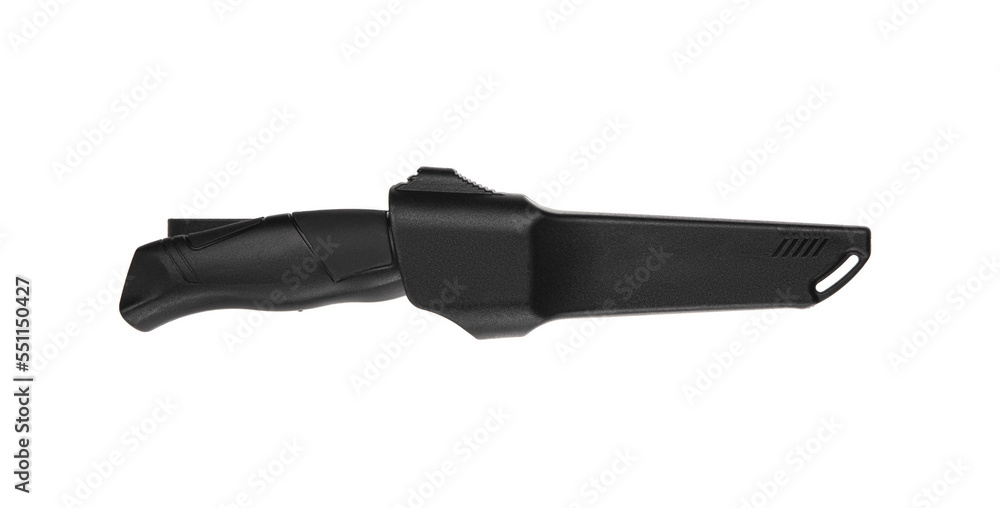 Modern hunting knife with black blade and plastic handle. Steel arms. Isolate on a white back. Modern hunting knife with black blade and plastic handle. Steel arms. Isolate on a white back.