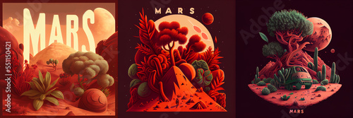 Leinwand Poster Mars book and comic book cover, line illustration, vector style, red and yellow