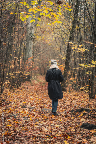  A woman walking through a forest path in autumn, surrounded by trees adorned with leaves in vibrant autumn colors, embracing the hues of the season. © Łukasz T.