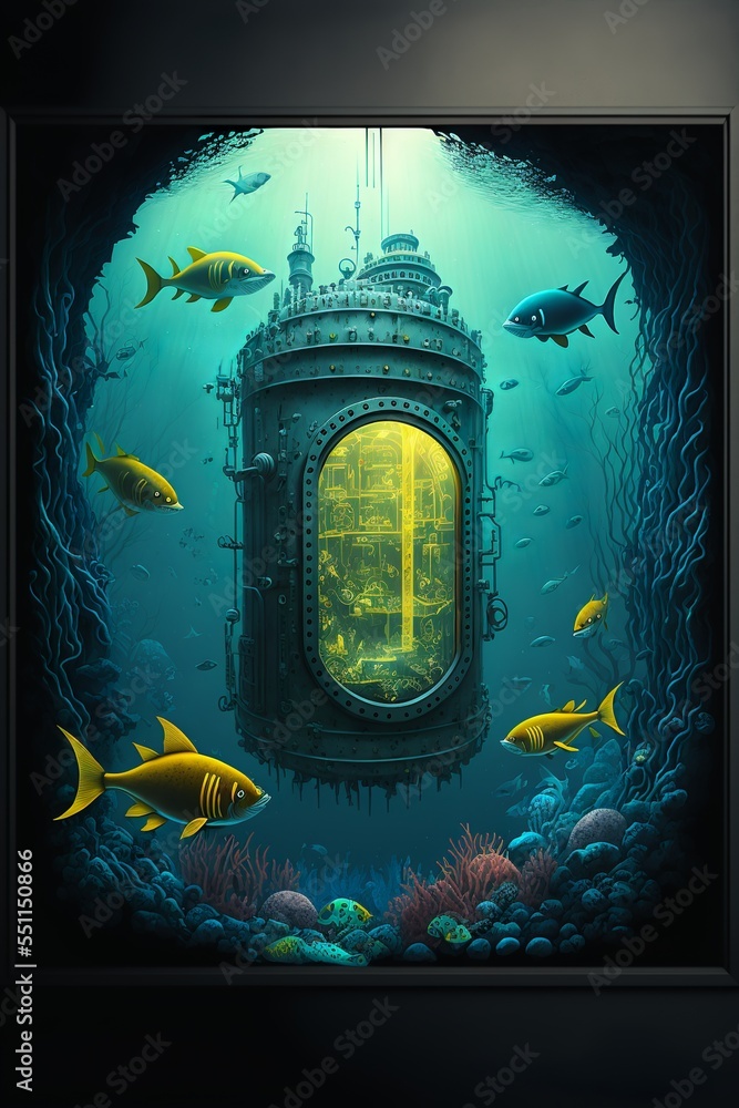 Diving bell sinking into a fantasy underwater world with golden fishes