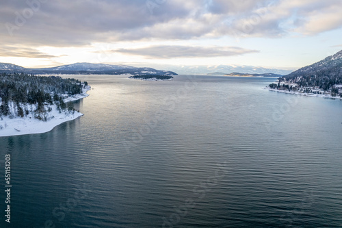 Drone view over the cold lake