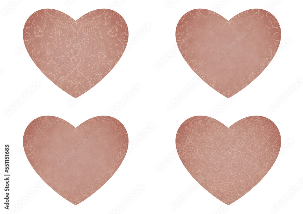 Set of 4 heart shaped valentine's cards. 2 with pattern, 2 with copy space. Pale pink background and light beige pattern on it. Cloth texture. Hearts size about 8x7 inch / 21x18 cm (pv02ab)
