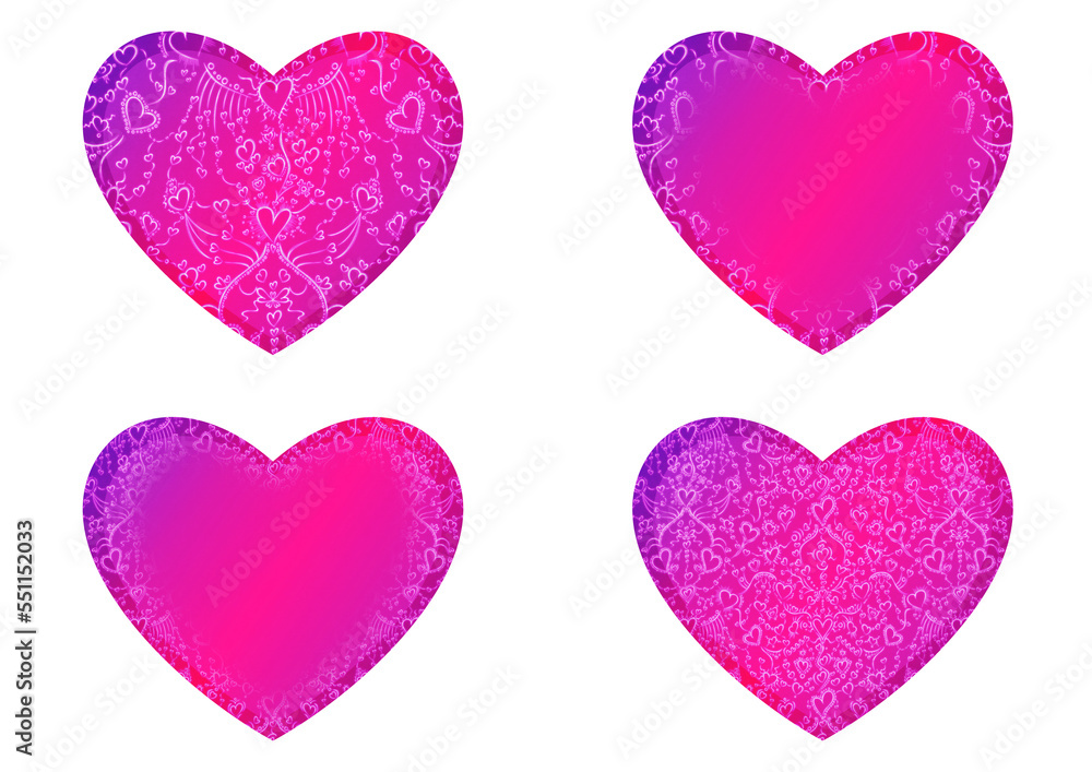 Set of heart shaped valentine's cards. 2 with pattern, 2 with copy space. Neon gradient plastic pink to proton purple, glowing pattern on it. Cloth texture. Heart size 8x7 inch / 21x18 cm (pv02ab)