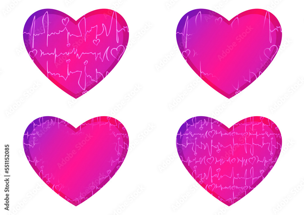 Set of heart shaped valentine's cards. 2 with pattern, 2 with copy space. Neon gradient plastic pink to proton purple, glowing pattern on it. Cloth texture. Heart size 8x7 inch / 21x18 cm (pv03ab)