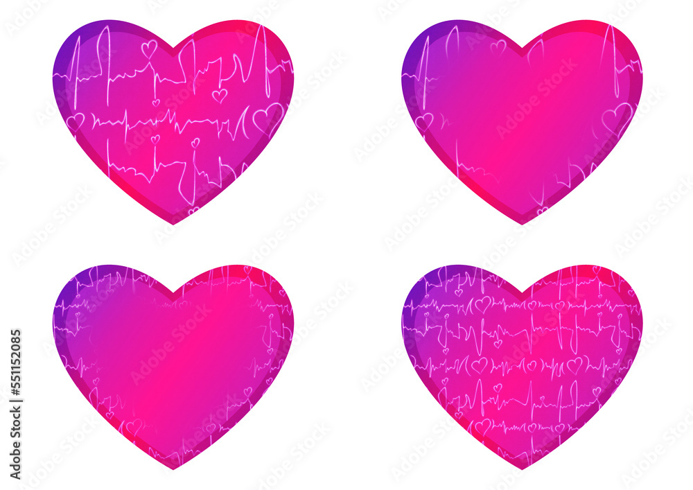Set of heart shaped valentine's cards. 2 with pattern, 2 with copy space. Neon gradient plastic pink to proton purple, glowing pattern on it. Cloth texture. Heart size 8x7 inch / 21x18 cm (pv03ab) Set of heart shaped valentine's cards. 2 with pattern, 2 with copy space. Neon gradient plastic pink to proton purple, glowing pattern on it. Cloth texture. Heart size 8x7 inch / 21x18 cm (pv03ab)