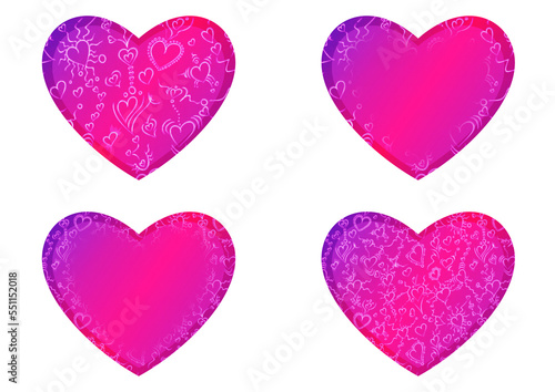 Set of heart shaped valentine's cards. 2 with pattern, 2 with copy space. Neon gradient plastic pink to proton purple, glowing pattern on it. Cloth texture. Heart size 8x7 inch / 21x18 cm (pv01ab)