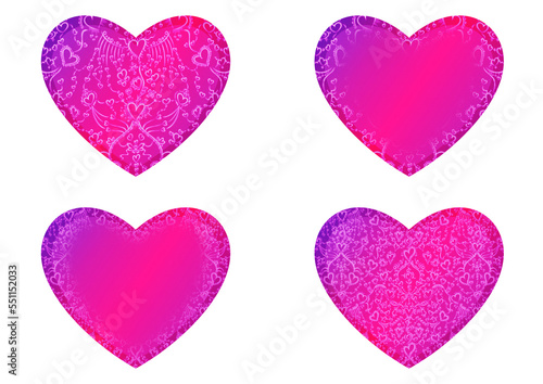 Set of heart shaped valentine s cards. 2 with pattern  2 with copy space. Neon gradient plastic pink to proton purple  glowing pattern on it. Cloth texture. Heart size 8x7 inch   21x18 cm  pv02ab 