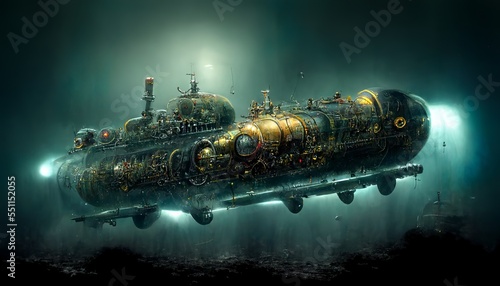 Steampunk submarine with search lights under the sea sci-fi design