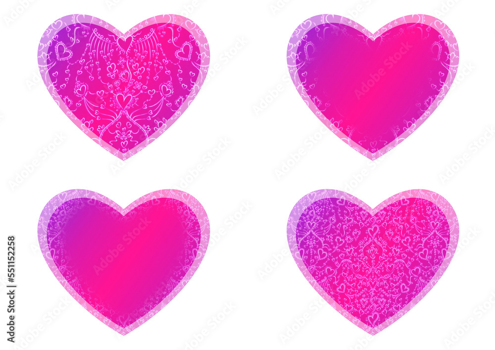 Set of heart shaped valentine's cards. 2 with pattern, 2 with copy space. Neon gradient plastic pink to proton purple, glowing pattern on it. Cloth texture. Heart size 8x7 inch / 21x18 cm (pv02ab) Set of heart shaped valentine's cards. 2 with pattern, 2 with copy space. Neon gradient plastic pink to proton purple, glowing pattern on it. Cloth texture. Heart size 8x7 inch / 21x18 cm (pv02ab)