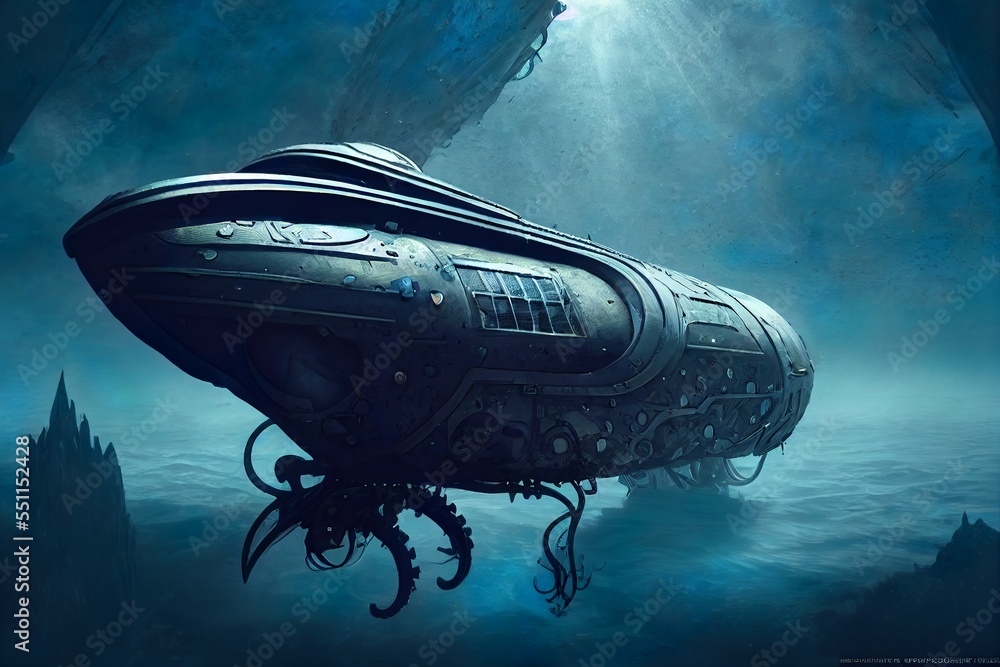 Dieselpunk Futuristic sci-fi submarine exploring deep sea underwater ...