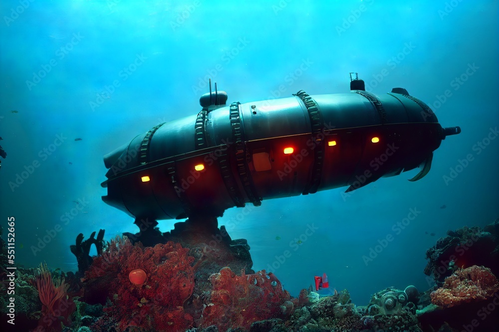 Futuristic sci-fi dieselpunk submarine exploring deep sea underwater ...