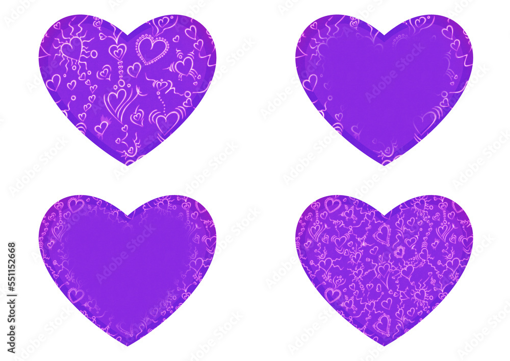 Set of 4 heart shaped valentine's cards. 2 with pattern, 2 with copy space. Neon proton purple background and glowing pattern on it. Cloth texture. Hearts size about 8x7 inch / 21x18 cm (pv01ab)