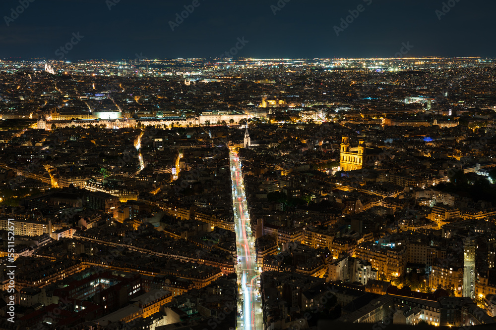 Rue de Rennes street at night from above in Paris. French