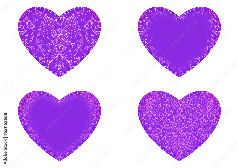 Set of 4 heart shaped valentine's cards. 2 with pattern, 2 with copy space. Neon proton purple background and glowing pattern on it. Cloth texture. Hearts size about 8x7 inch / 21x18 cm (pv02ab)