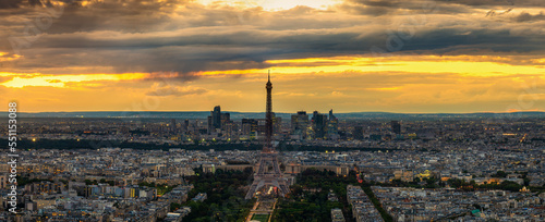 Aerial view of Eiffel Tower at sunset in Paris. France