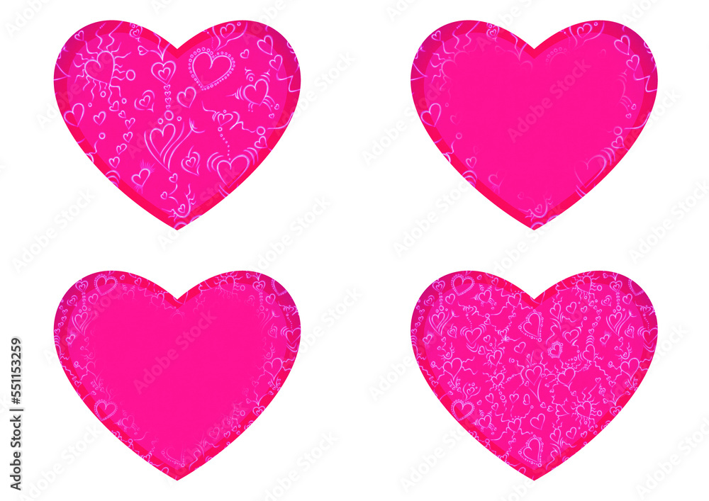 Set of 4 heart shaped valentine's cards. 2 with pattern, 2 with copy space. Neon plastic pink background and glowing pattern on it. Cloth texture. Hearts size about 8x7 inch / 21x18 cm (pv01ab)