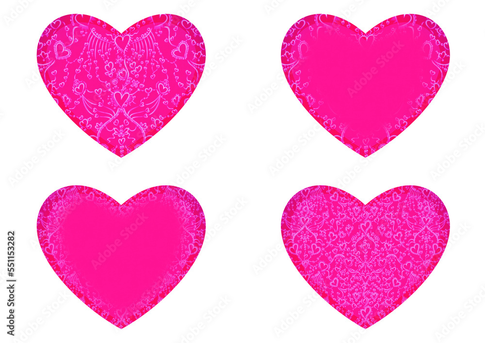 Set of 4 heart shaped valentine's cards. 2 with pattern, 2 with copy space. Neon plastic pink background and glowing pattern on it. Cloth texture. Hearts size about 8x7 inch / 21x18 cm (pv02ab)