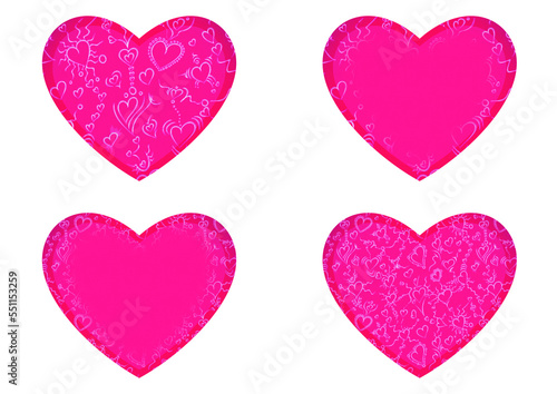 Set of 4 heart shaped valentine's cards. 2 with pattern, 2 with copy space. Neon plastic pink background and glowing pattern on it. Cloth texture. Hearts size about 8x7 inch / 21x18 cm (pv01ab)