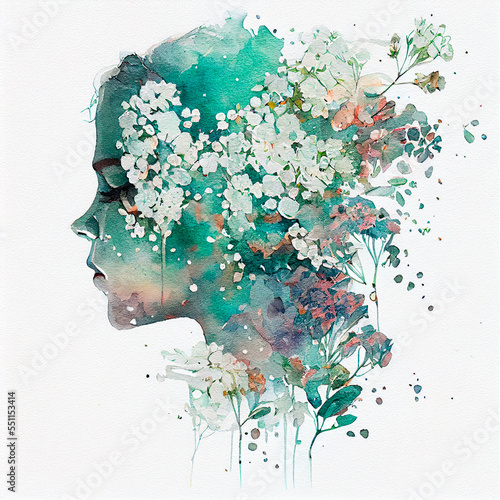 Abstract double exposure baby breath flower. Digital illustration. Generative AI
