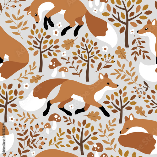 Seamless vector pattern with cute foxes, trees and leaves. Perfect for textile, wallpaper or print design.