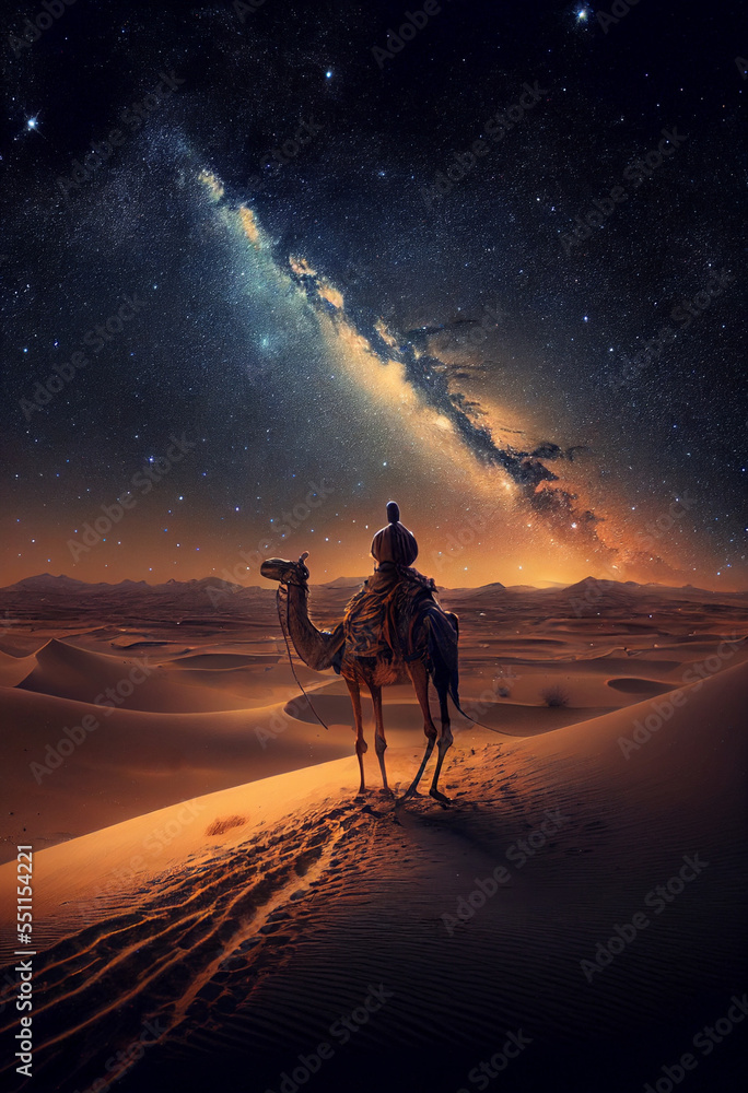 arabian man riding his camel in adventure at night under the milky way galaxy