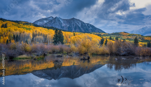 Autumn blue hour colors in the Colorado Rocky Mountains - near Crested Butte on scenic Gunnison County Road 12 through the Kebler Pass - Beaver Pond