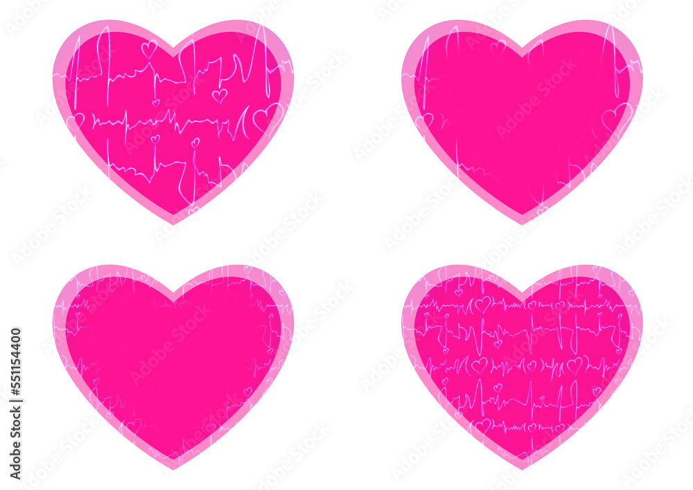 Set of 4 heart shaped valentine's cards. 2 with pattern, 2 with copy space. Neon plastic pink background and glowing pattern on it. Cloth texture. Hearts size about 8x7 inch / 21x18 cm (pv03ab)