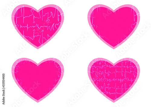 Set of 4 heart shaped valentine s cards. 2 with pattern  2 with copy space. Neon plastic pink background and glowing pattern on it. Cloth texture. Hearts size about 8x7 inch   21x18 cm  pv03ab 