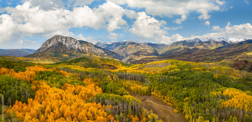Autumn colors in the Colorado Rocky Mountains on scenic Gunnison County Road 12 through the Kebler Pass - view towards Marcellina Mountain