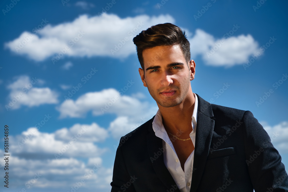 Handsome man in white shirt and jacket outdoor Handsome man in white shirt and jacket outdoor