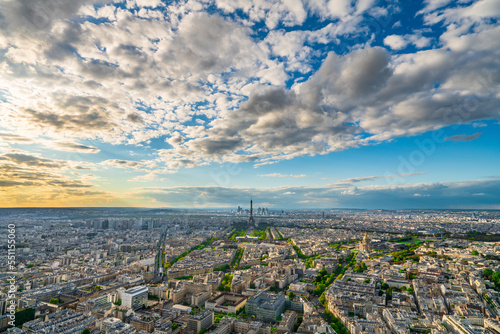 Paris aerial view with Eiffel Tower at sunset. France