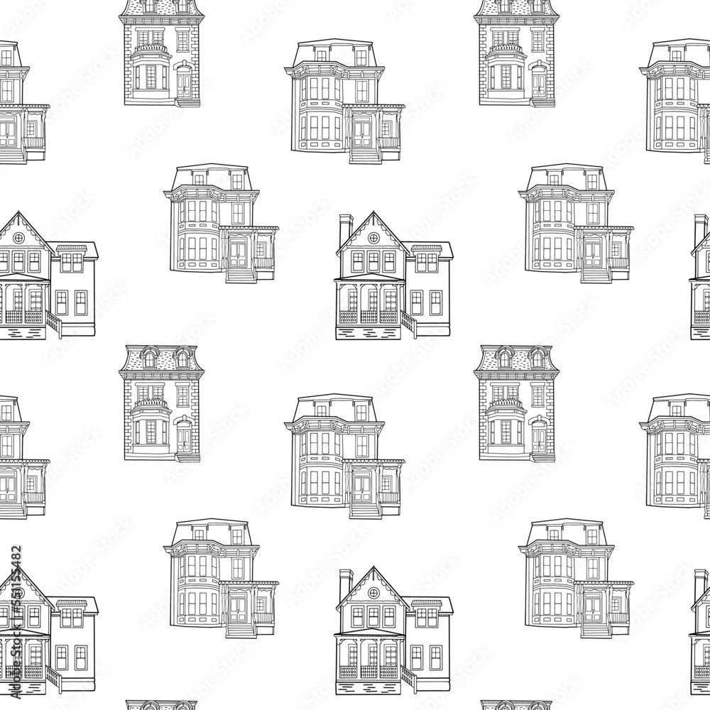 Hand drawn seamless pattern with cute little houses for fabric, textile, wrapping paper, wallpaper. Doodle vector print