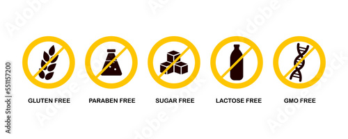 Set of icons gluten free, GMO free, sugar free, paraben free, lactose free. Product packaging labels. Vector illustration