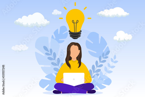 Business idea, plan strategy and solution concept. Girl with creative thought or idea. Ideas lamp bulb metaphor. Concept of new idea, thinking, innovation, creative idea for project, business