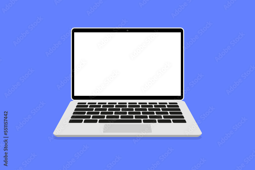 Opened laptop screen with keyboard. Laptop flat vector icon illustration. Mockup modern laptop with blank screen. Laptop front view. Vector Illustration Opened laptop screen with keyboard. Laptop flat vector icon illustration. Mockup modern laptop with blank screen. Laptop front view. Vector Illustration