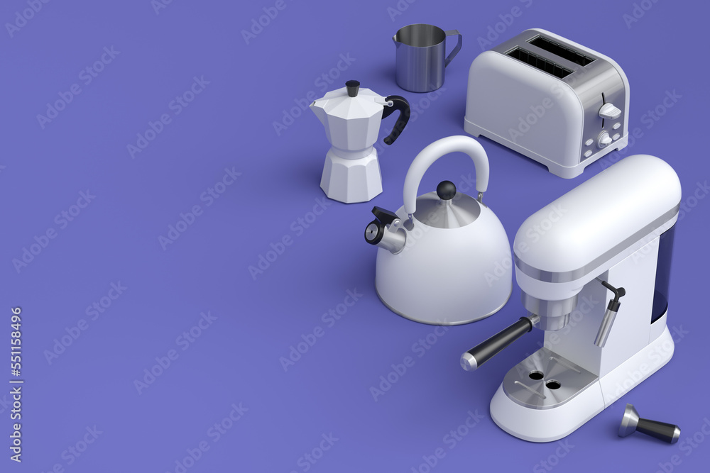 Kettle, toaster, coffee machine with horn and geyser coffee maker on violet Kettle, toaster, coffee machine with horn and geyser coffee maker on violet