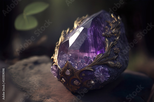 A beautiful amethyst magic stone, with gold ornaments, in fantasy landscape