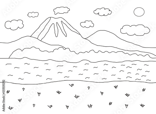 Volcano colouring page. Landscape with mountains, a volcano with some lava, bushes, river and land with grass. Hand drawn vector illustration.