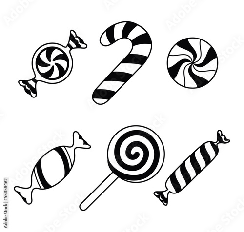 Striped sweetmeats set, line art design. Hard candy, candy cane, lollipop, candies in wrapper. Design element for Christmas, New Year, birthday, party. Vector illustration isolated on white background