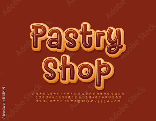 Vector tasty emblem Pastry Shop.  Choco Glazed Donut Font. Sweet Alphabet Letters and Numbers set.