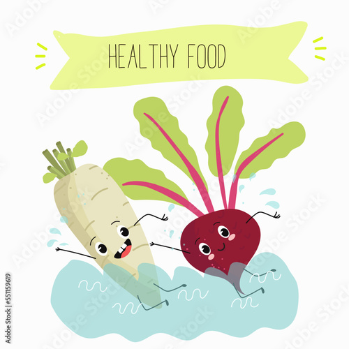 Vector illustration of funny cartoon character beet, radish float on the sea, ocean, healthy food, kitchen, ingredients, kids t-shirt design.