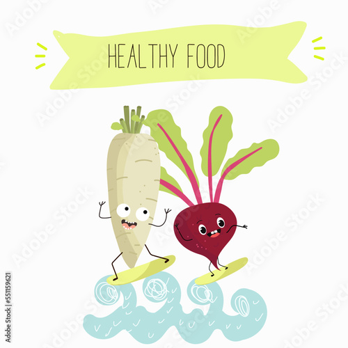 Vector illustration of funny cartoon character beetroot, radish ride surfboards, healthy food, cuisine, ingredients, kids t-shirt design.