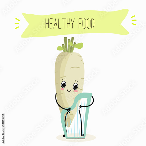 Vector illustration of funny radish cartoon character playing harp, healthy food, kitchen, ingredients, kids t-shirt design.