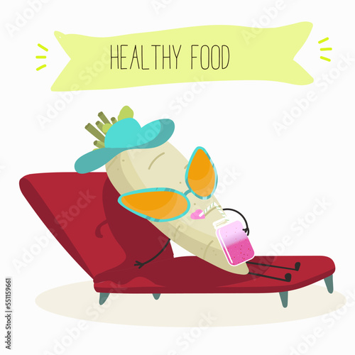 Vector illustration of funny cartoon radish character sunbathing on sunbed, healthy food, kitchen, ingredients, kids t-shirt design.