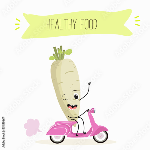 Vector illustration of a funny cartoon radish character rides a scooter, healthy food, kitchen, ingredients, kids t-shirt design.