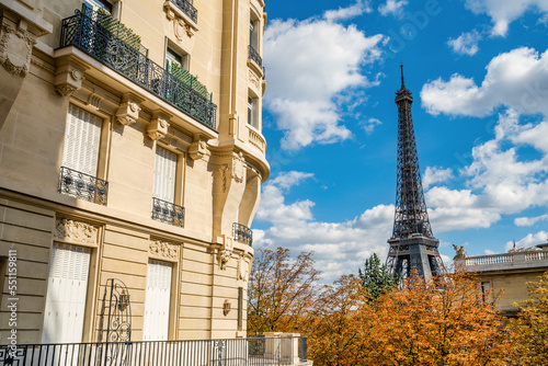 Eiffel Tower in autumn season seen from the distance in Paris. France