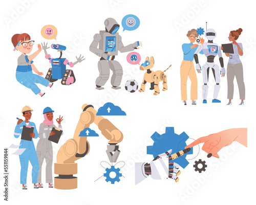 Robotics Programming with Engineer Characters Engaged in Artificial Intelligence Development Vector Set